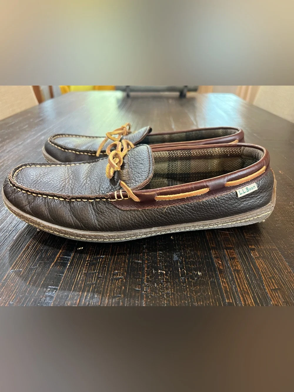 LL Bean Slippers Mens 11 M Brown Leather Flannel Lined Handsewn Moccasin Shoes